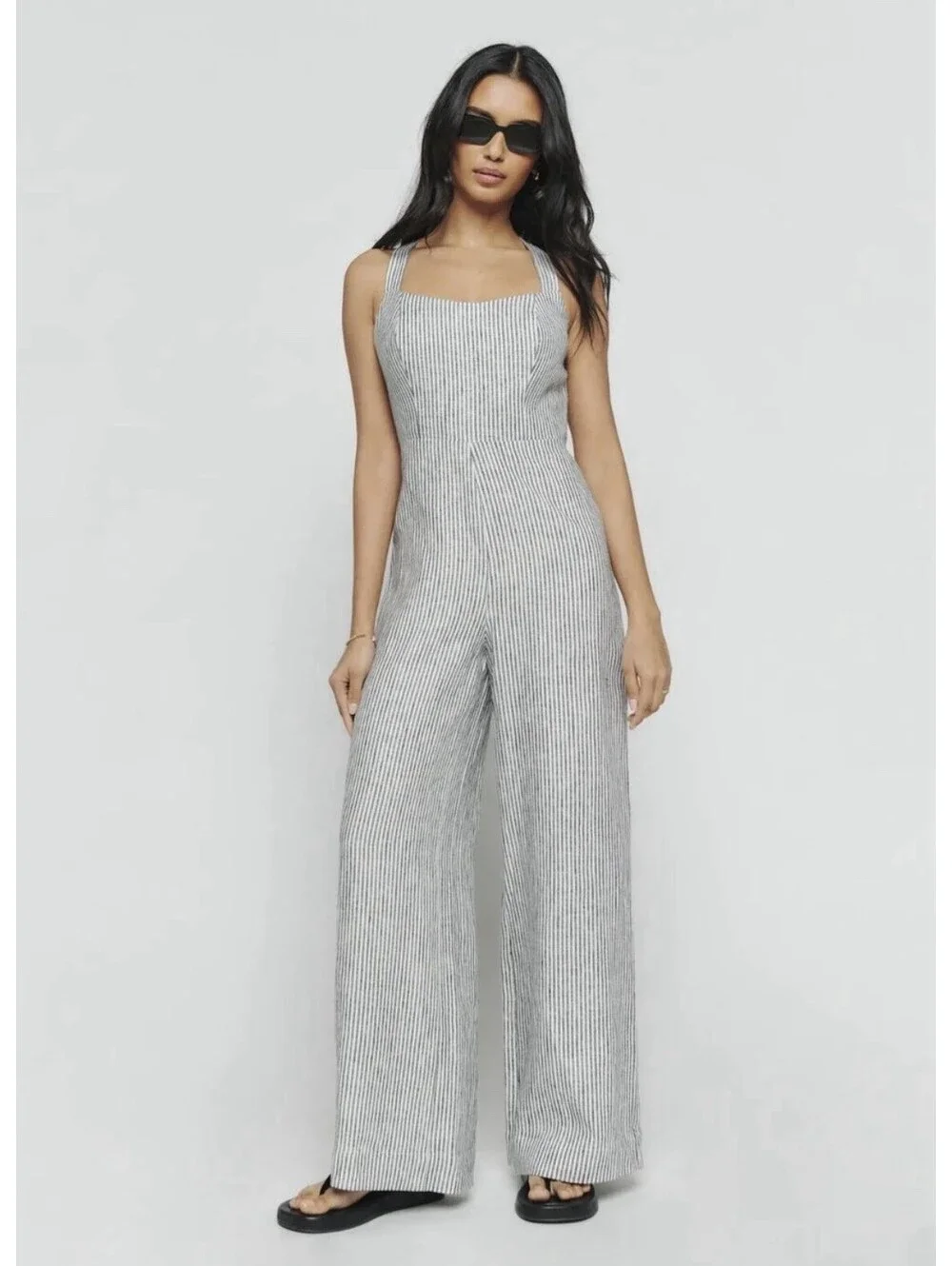 Reformation Autumn 100% Linen Jumpsuit Black White Women's 0 Wide Leg Sleeveless